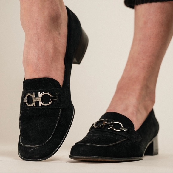Salvatore Ferragamo Shoes - Black Suede Loafers with Metal Bit